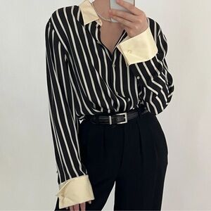 Vintage Ralph Lauren Silk black and cream striped button down shirt